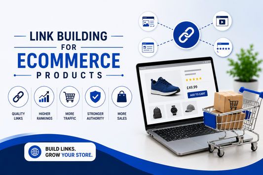 Link building for ecommerce products banner showing SEO backlinks, online store laptop, shopping cart and growth icons