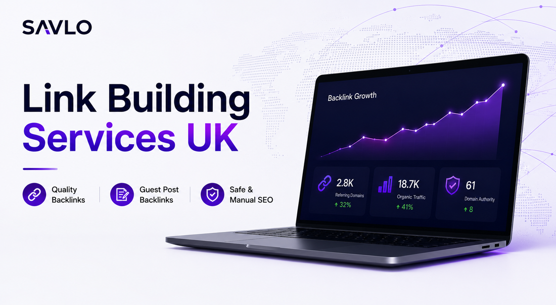 Link building services UK banner showing manual SEO, guest post backlinks, backlink quality and monthly reporting dashboard