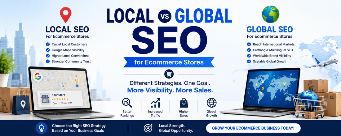 Local vs Global SEO for Ecommerce Stores banner showing local SEO and international SEO growth strategies for Shopify and ecommerce businesses