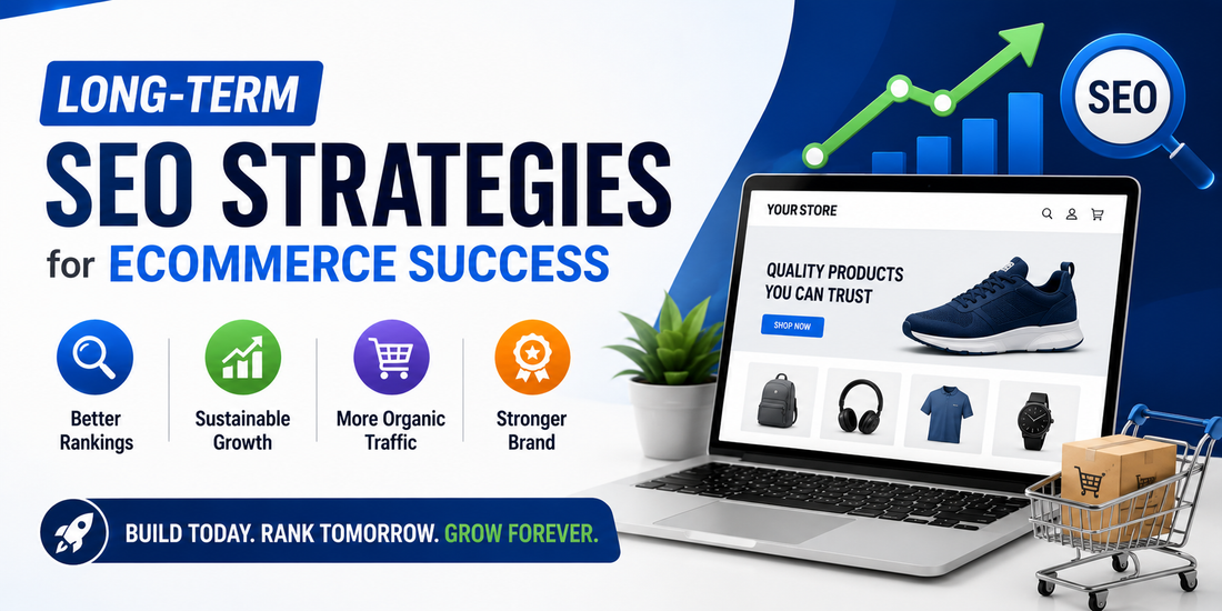 Modern ecommerce SEO banner featuring long-term SEO strategies, organic traffic growth, better Google rankings, online store optimisation, and sustainable ecommerce success.
