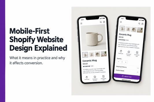 Mobile-first Shopify product page design showing two smartphone screens - the top of the page with product image and the sticky add to cart button visible on scroll, illustrating conversion-focused mobile UX from Savlo.