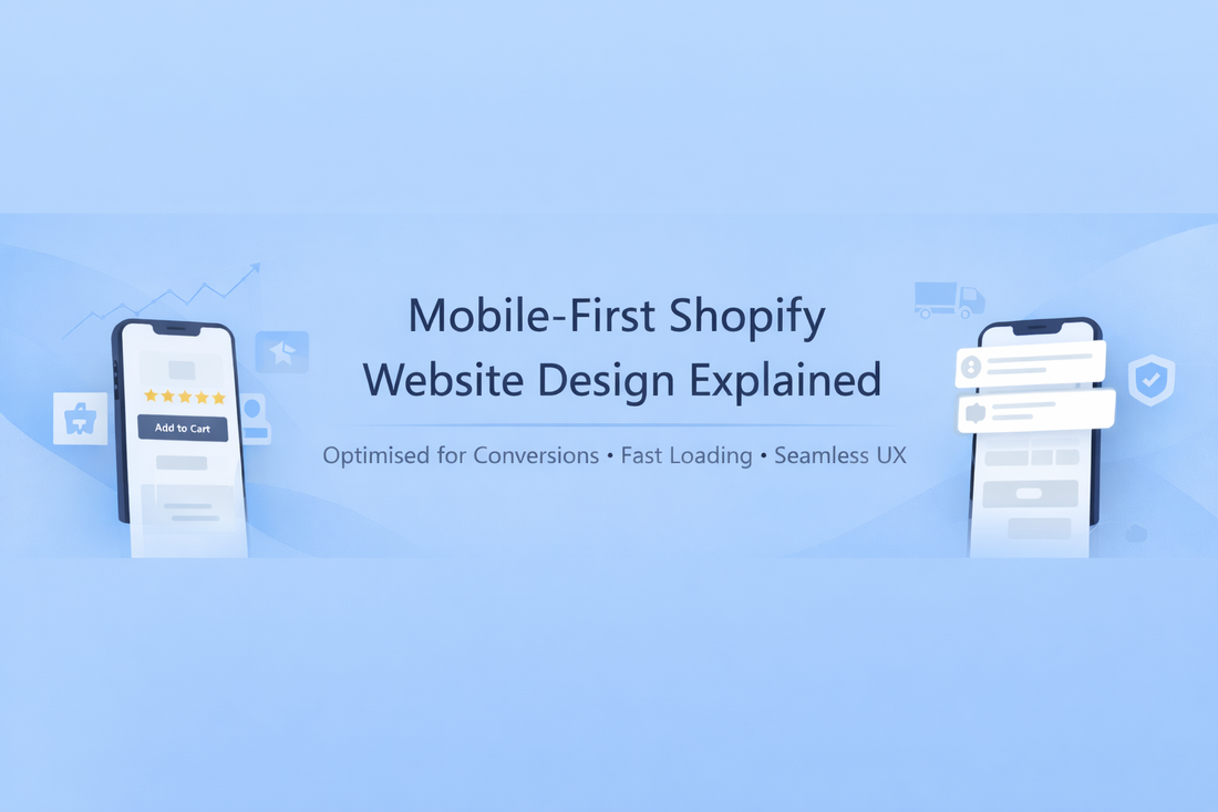 Mobile-first Shopify website design banner with blue gradient background, centered headline, smartphone mockups, and conversion-focused UX elements