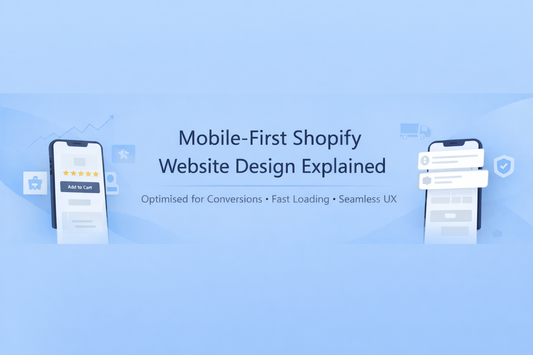 Mobile-first Shopify website design banner with blue gradient background, centered headline, smartphone mockups, and conversion-focused UX elements