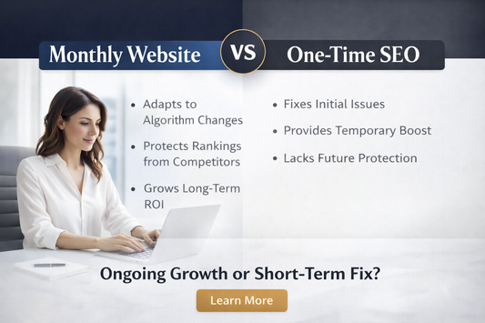 Bold comparison banner showing Monthly Website SEO vs One-Time SEO with a professional woman working on a laptop, highlighting ongoing growth versus short-term optimisation benefits.