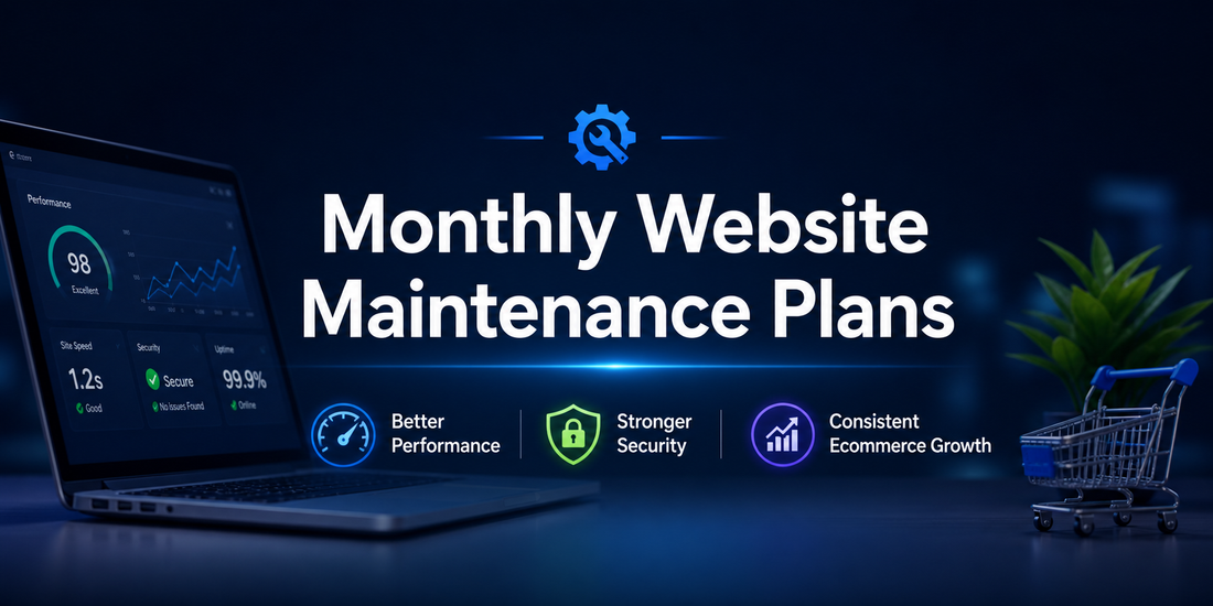 Monthly website maintenance plans banner showing ecommerce performance, security, and growth optimisation on a modern digital workspace