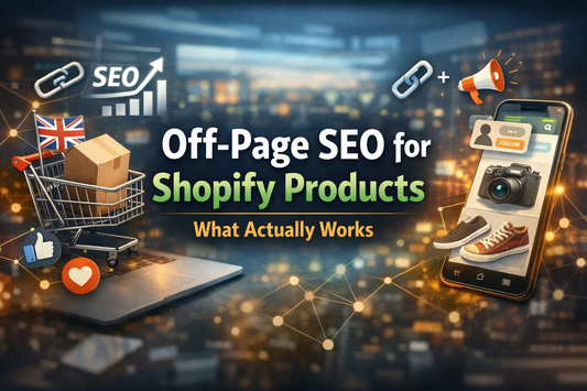 Off-Page SEO for Shopify Products banner with ecommerce icons, backlinks, and social signals highlighting what actually works