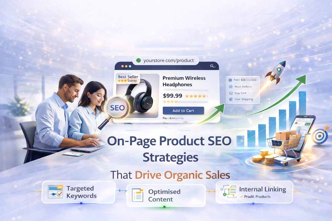 On-page product SEO strategies banner showing ecommerce product optimisation, targeted keywords, structured content and organic sales growth chart