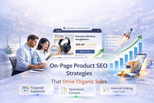 On-page product SEO strategies banner showing ecommerce product optimisation, targeted keywords, structured content and organic sales growth chart