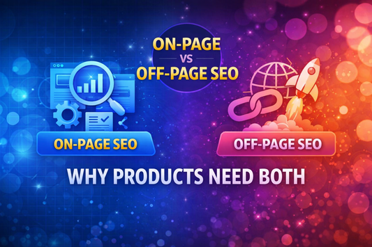On-Page vs Off-Page SEO banner showing comparison with centred title and split gradient design