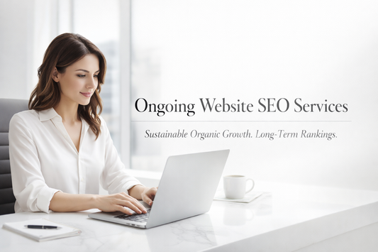 Premium white luxury hero banner featuring a professional woman working on a desktop computer promoting ongoing website SEO services for sustainable organic growth and long-term rankings.