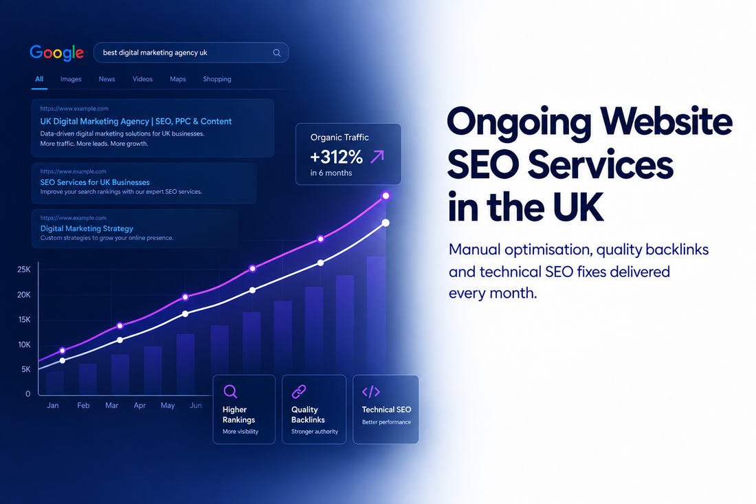 Ongoing website SEO services in the UK from Savlo. Manual optimisation, quality backlinks and technical SEO fixes delivered every month. Plans from £149.