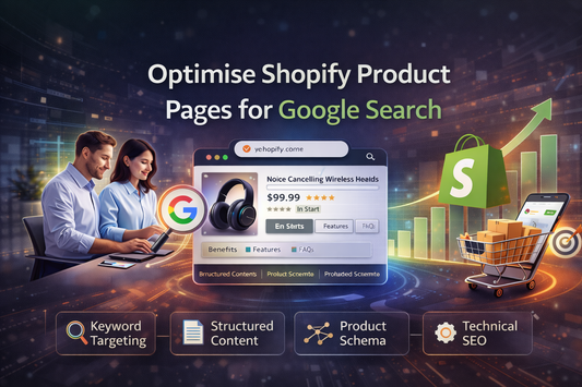 Optimise Shopify product pages for Google Search banner showing ecommerce optimisation, keyword targeting, structured content, product schema and organic growth chart