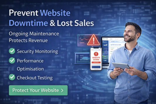 Downtime prevention banner showing ongoing website maintenance services including security monitoring, performance optimisation, and checkout testing