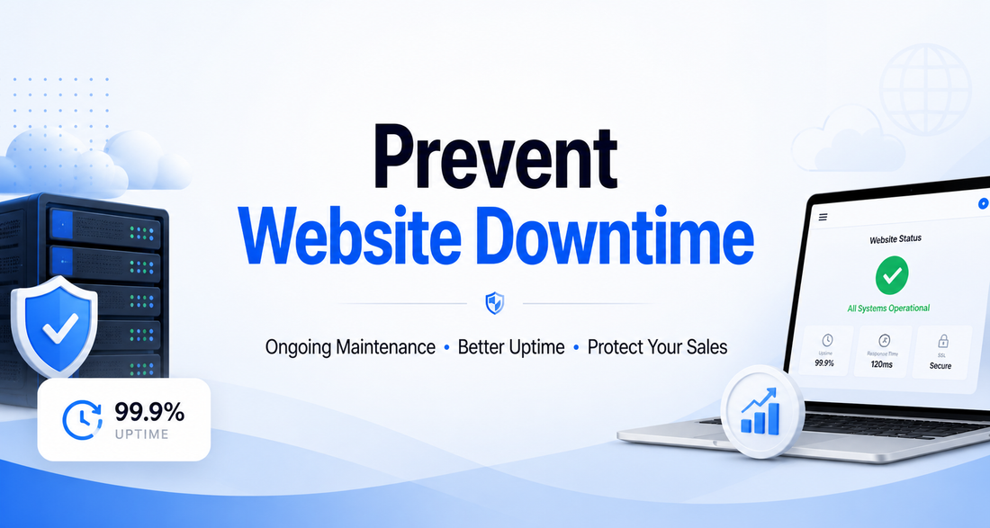 Prevent Website Downtime banner with server security, uptime monitoring dashboard, and maintenance concept for faster, reliable website performance