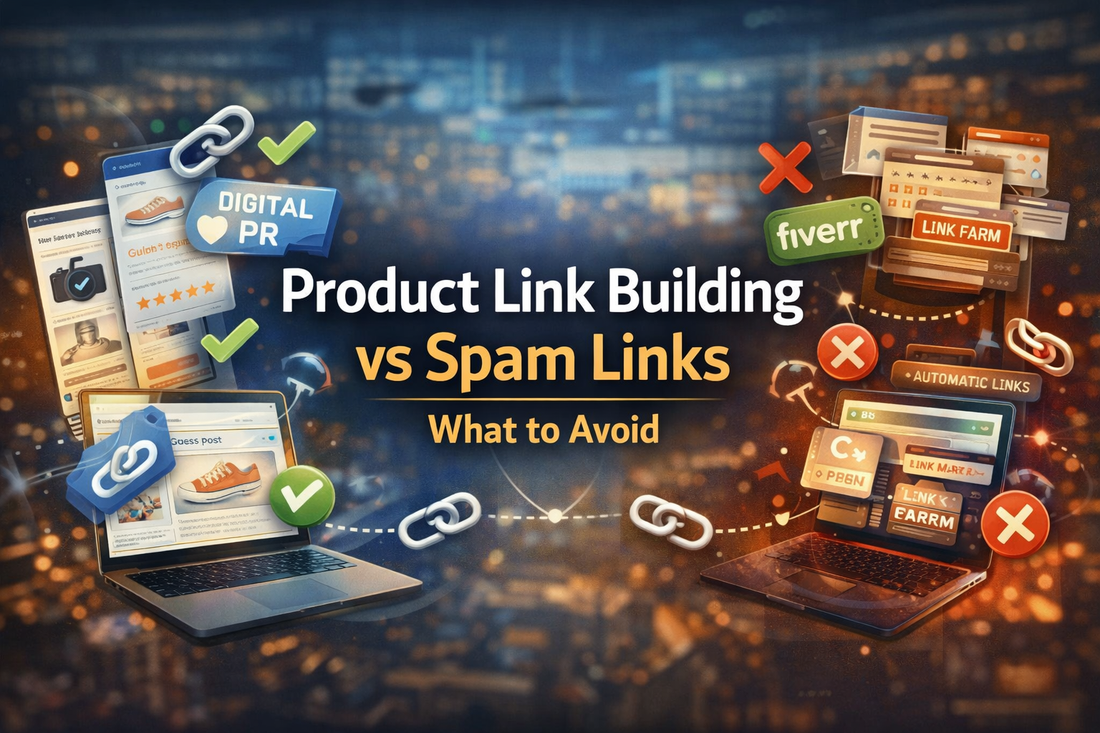 Product Link Building vs Spam Links banner showing high-quality backlinks, digital PR, and guest posts versus spam links like Fiverr, PBNs, and link farms