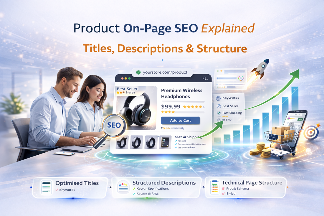 Product on-page SEO explained banner showing ecommerce product page optimisation with titles, descriptions, structured data and upward growth chart for higher rankings