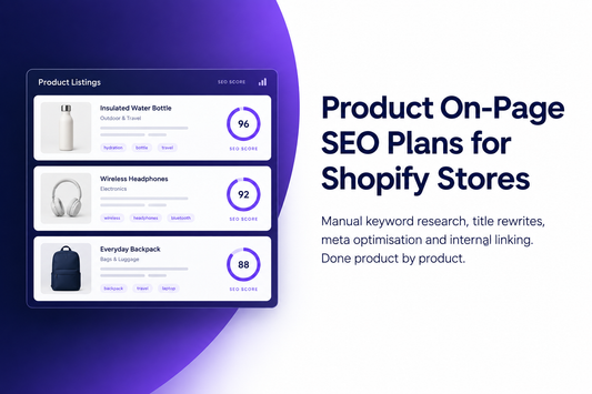 Product on-page SEO plans for Shopify stores from Savlo. Manual keyword research, title rewrites, meta optimisation and internal linking done product by product.
