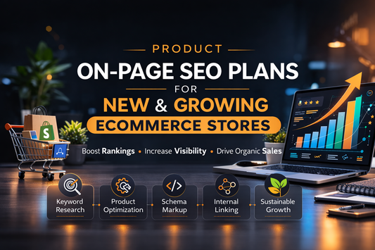 Product on-page SEO plans for new and growing ecommerce stores banner showing Shopify optimisation, keyword targeting, structured content and organic sales growth chart
