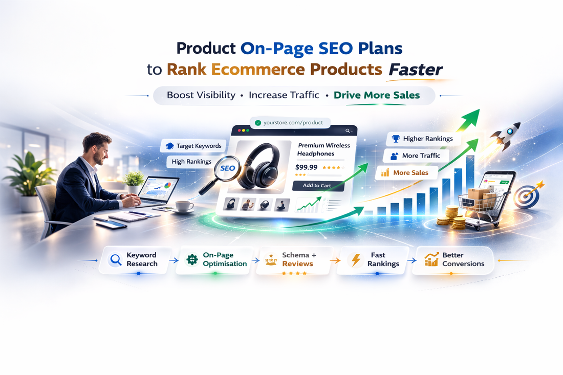 Product on-page SEO plans banner showing ecommerce product optimisation, keyword research, content optimisation and growth chart for higher rankings and increased online sales