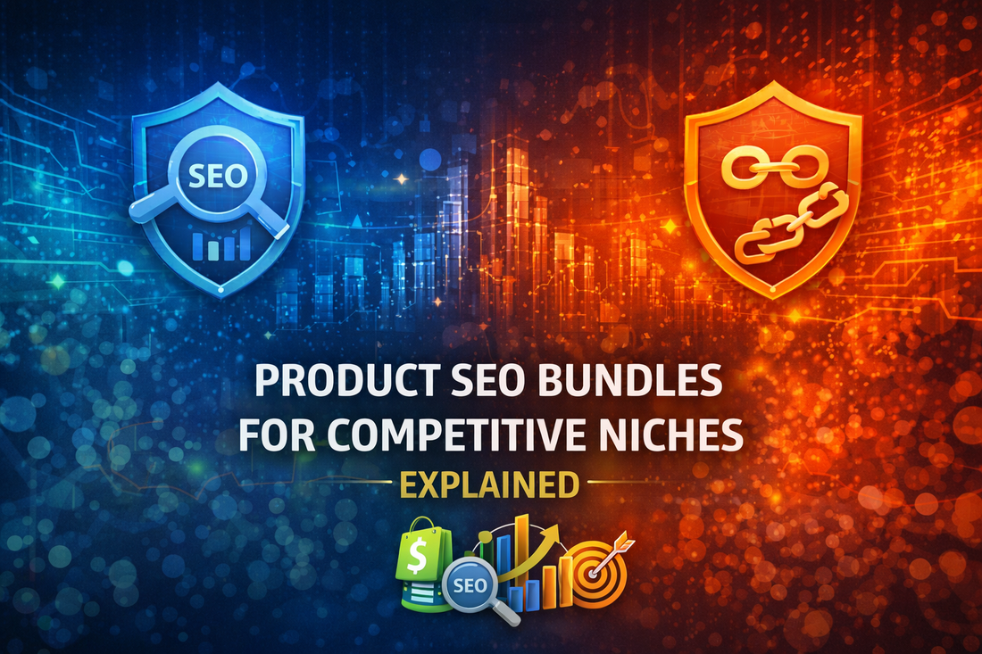 Product SEO Bundles for competitive niches banner with centred bold text and modern high-contrast gradient design