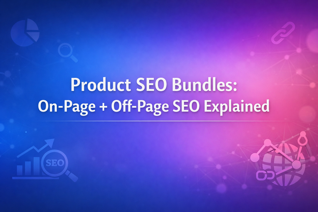 Product SEO Bundles banner showing On-Page and Off-Page SEO explained with gradient background and centred bold text