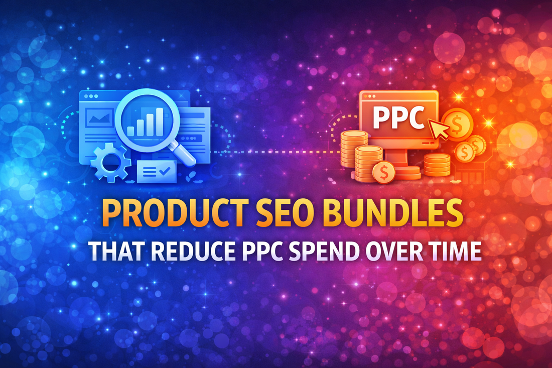 Product SEO Bundles that reduce PPC spend over time banner with centred bold text and split SEO vs PPC design