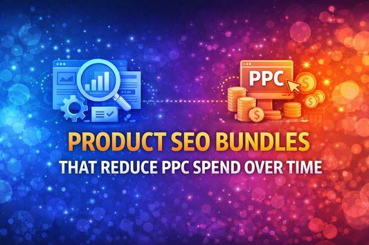 Product SEO Bundles that reduce PPC spend over time banner with centred bold text and split SEO vs PPC design