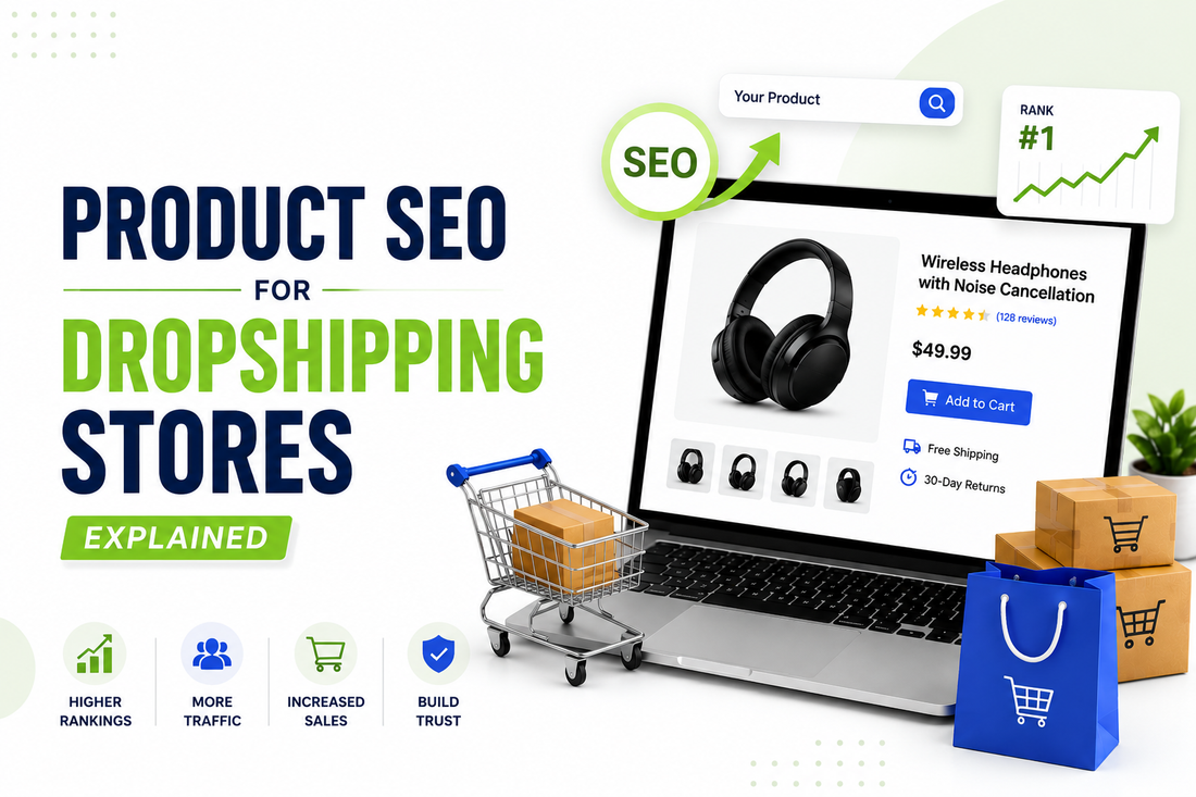 Product SEO for dropshipping stores banner showing an ecommerce product page, SEO ranking icon, shopping cart, laptop, and online store packaging.