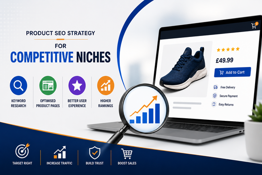 Product SEO strategy banner showing an ecommerce product page, keyword research icons, and ranking growth for competitive niches.