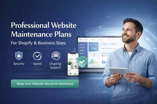 Professional website maintenance plans hero banner for Shopify and business sites highlighting security, speed optimisation, and ongoing support