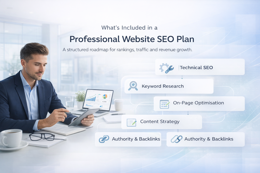 Professional website SEO plan showing technical SEO, keyword research, on-page optimisation and backlink strategy for business growth