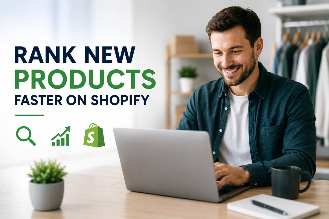 Shopify product SEO banner showing an ecommerce seller using a laptop with icons for product ranking, visibility and growth