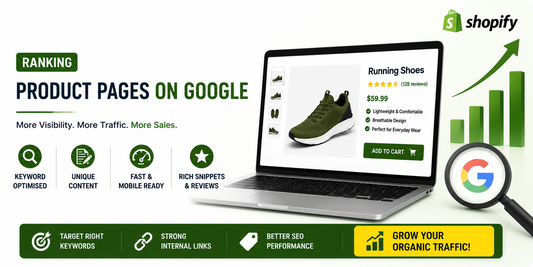 Modern Shopify product page SEO banner featuring ecommerce product listing, Google ranking growth chart, keyword optimisation icons, mobile-ready design, and clean green-and-white visuals focused on increasing organic traffic and sales.