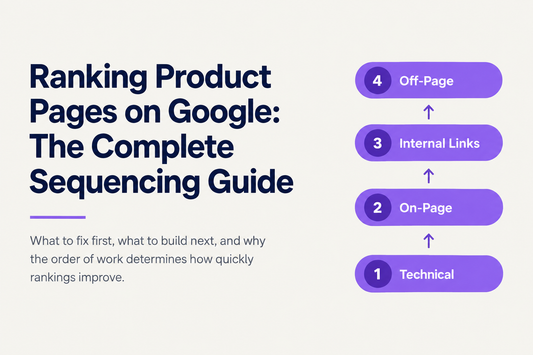Ranking product pages on Google - the complete sequencing guide covering technical foundation, on-page optimisation, internal linking and off-page authority building, from Savlo.