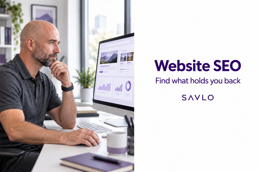 Man reviewing website previews and performance charts on a monitor beside “Website SEO” text on a white panel.