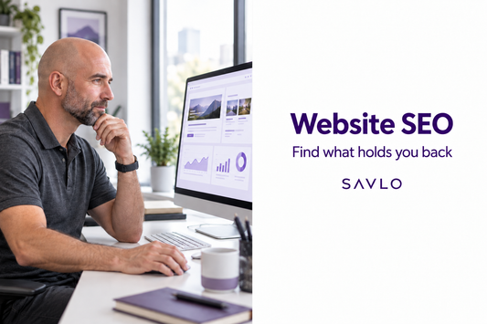 Man reviewing website previews and performance charts on a monitor beside “Website SEO” text on a white panel.