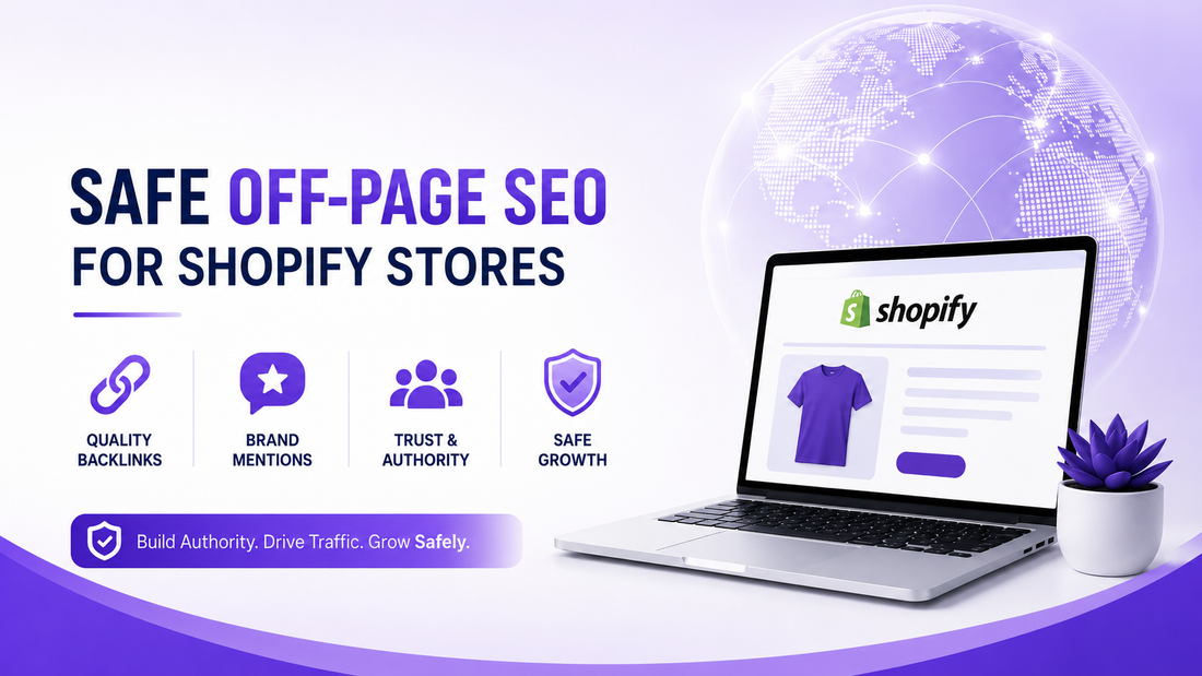 Safe off-page SEO strategies for Shopify stores with quality backlinks, brand mentions, trust and safe growth icons