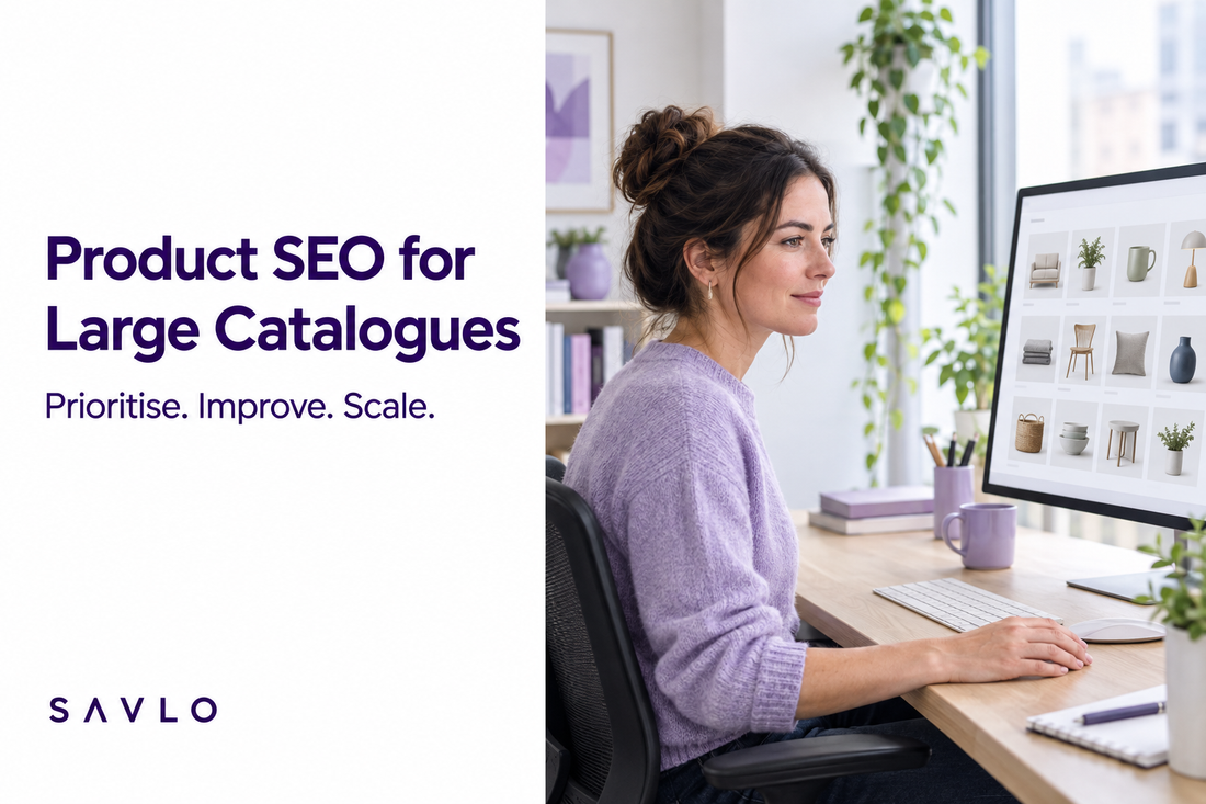 Generating a white split-panel banner with a lifelike person reviewing a product catalogue, alongside “Product SEO for Large Catalogues”.