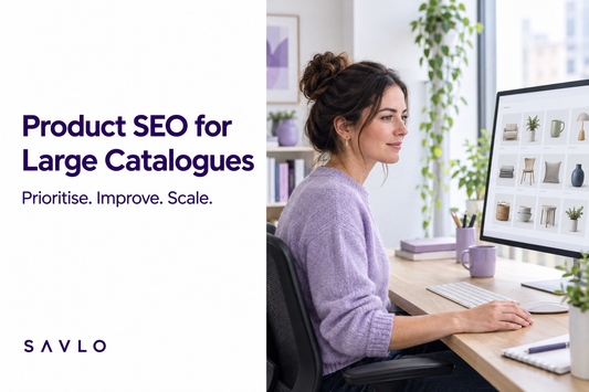 Generating a white split-panel banner with a lifelike person reviewing a product catalogue, alongside “Product SEO for Large Catalogues”.