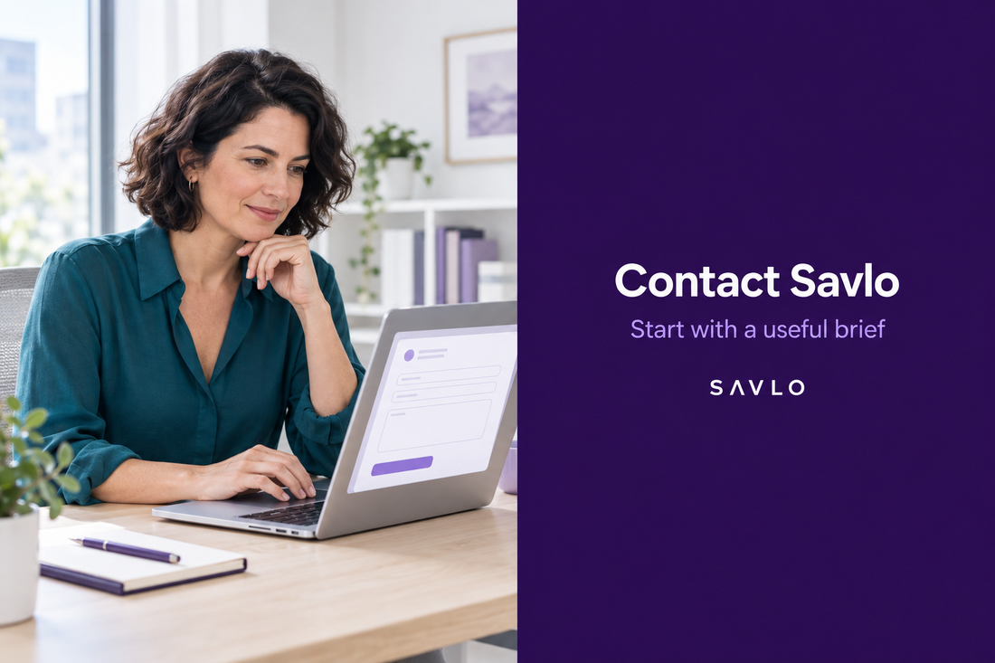 Woman preparing an enquiry on a laptop beside “Contact Savlo” text on a deep-purple panel.