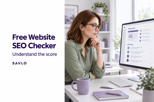 Woman reviewing website audit findings on a monitor beside “Free Website SEO Checker” text on a white panel.