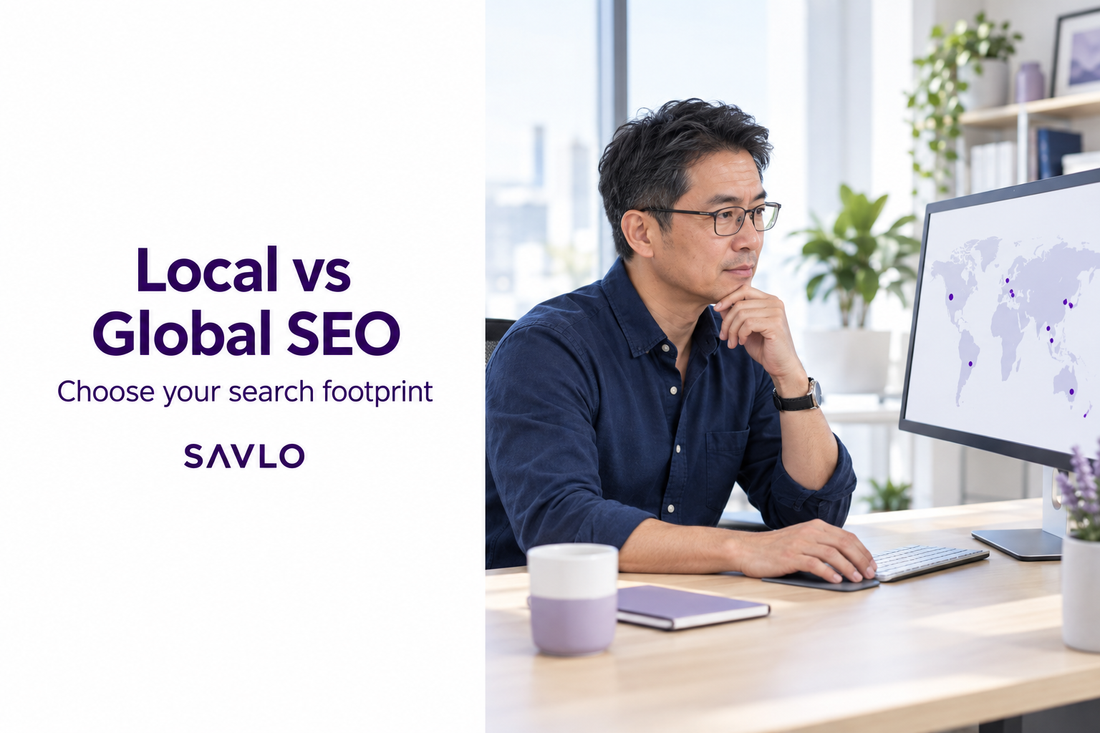 Man reviewing a world map with location markers on a monitor beside “Local vs Global SEO” text on a white panel.