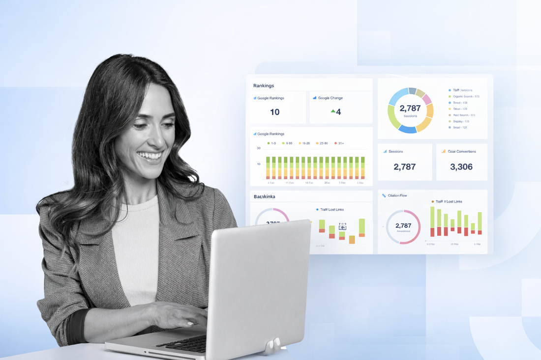 Professional SEO consultant analysing website performance dashboard with rankings, traffic growth and backlink data on laptop