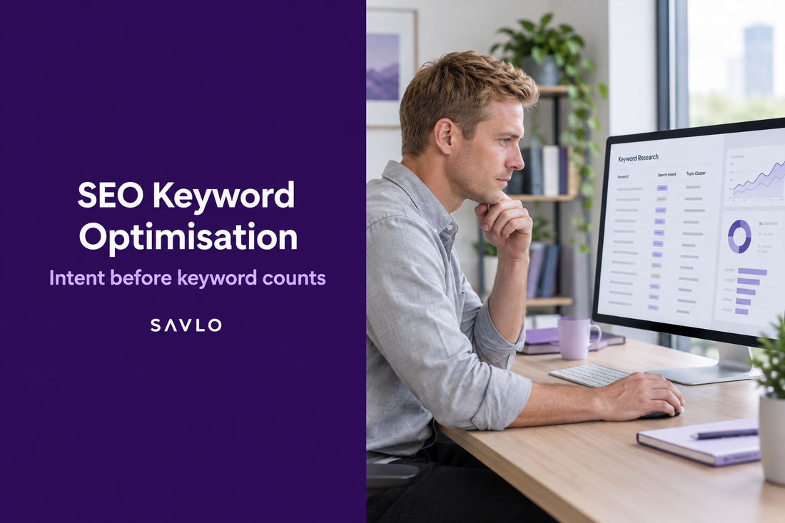 Man reviewing keyword research and charts on a monitor beside “SEO Keyword Optimisation” text on a deep-purple panel.