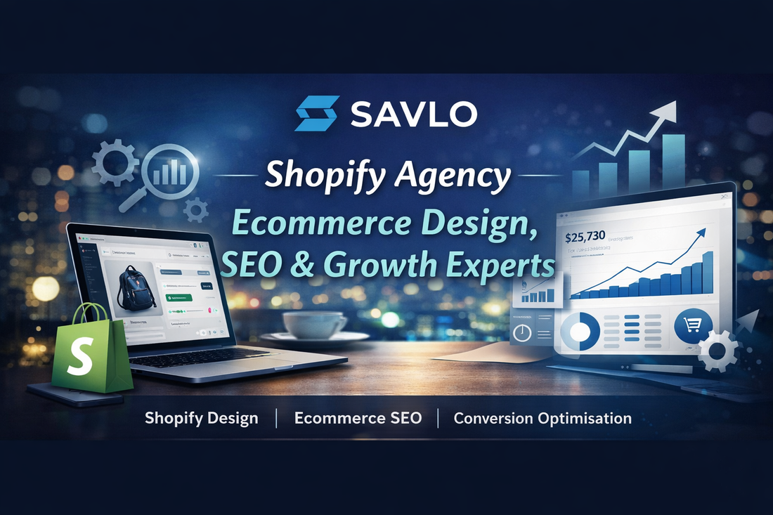 Savlo Shopify agency banner showing ecommerce design, Shopify SEO, and growth experts with high-converting Shopify store visuals