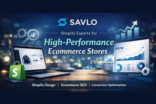 Savlo Shopify experts banner showing ecommerce store design, Shopify SEO services, and high-performance Shopify development agency