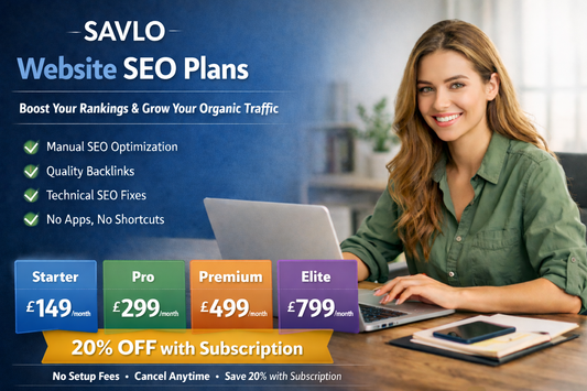 Savlo digital expert working on website SEO strategy with subscription discount offer displayed, representing ongoing website SEO plans.