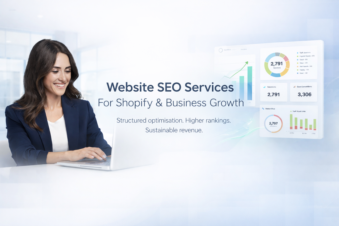 Website SEO Services for Shopify and business websites with professional consultant analysing growth dashboard and ranking performance