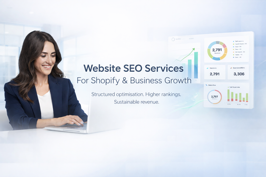 Website SEO Services for Shopify and business websites with professional consultant analysing growth dashboard and ranking performance