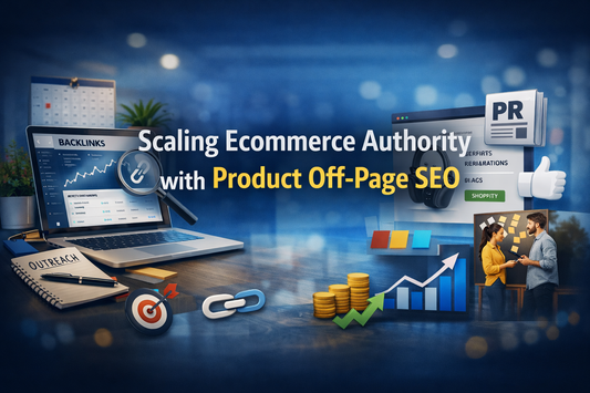 Scaling ecommerce authority banner showing product off-page SEO strategies, backlink growth, and Shopify ecommerce ranking optimisation
